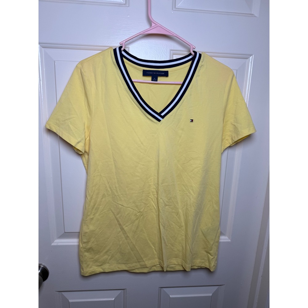 Tommy Hilfiger Womens Yellow V-Neck T-Shirt Navy White Striped Trim
